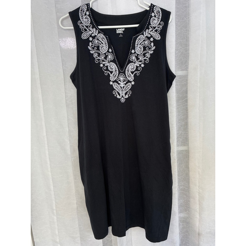 Lands End Womens Black Cotton Embroidered Split Neck Sleeveless Shift Dress L